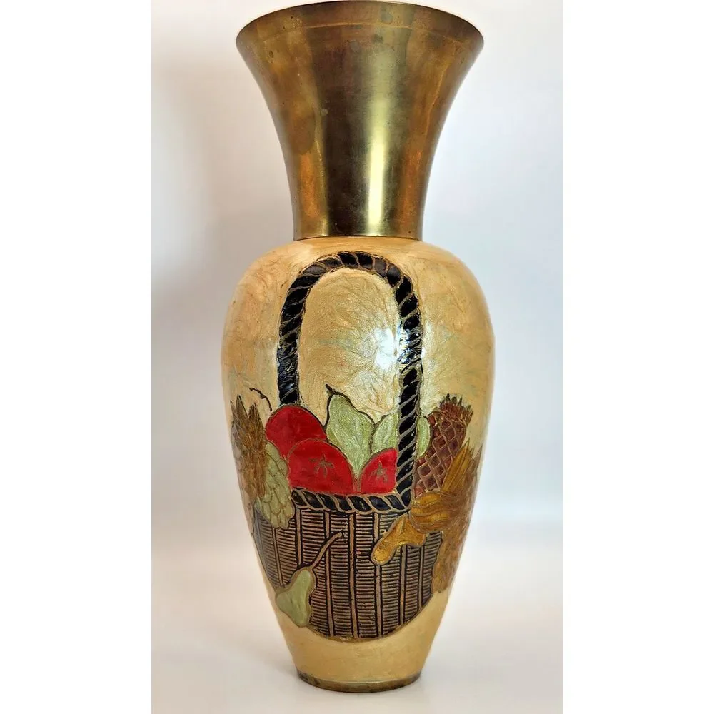 Vintage Enamel on‎ Brass Vase w/ Removable Neck Fruit Basket Design Hand Made
